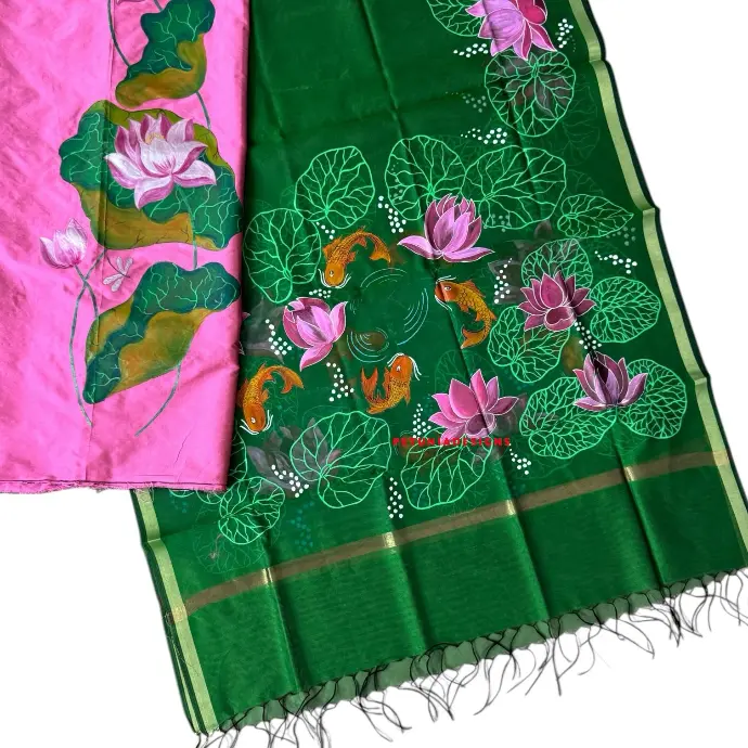 Lotus Pond Dupatta with Gold Border Contrast dupatta with thin gold border and lotus pond hand-painted on both ends