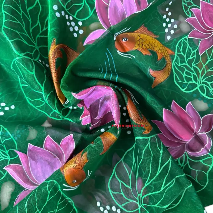 Painted Nature Motifs in Khadi Hand-painted lotus flowers and leaves with fish and dragonflies in natural tones