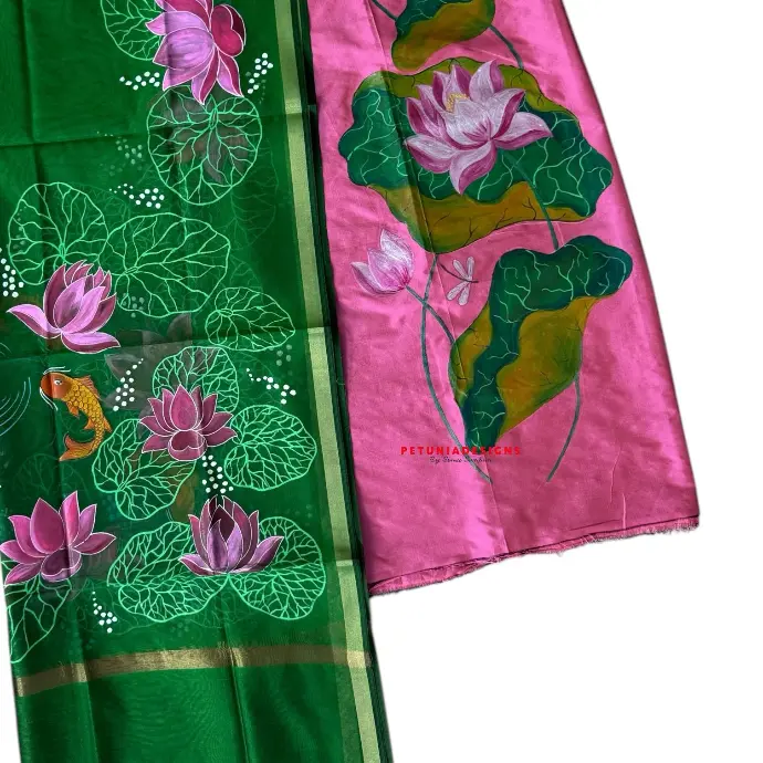 Lotus & Dragonfly on Kurta Top Hand-painted lotus and dragonfly on khadi kurta top with artistic detailing