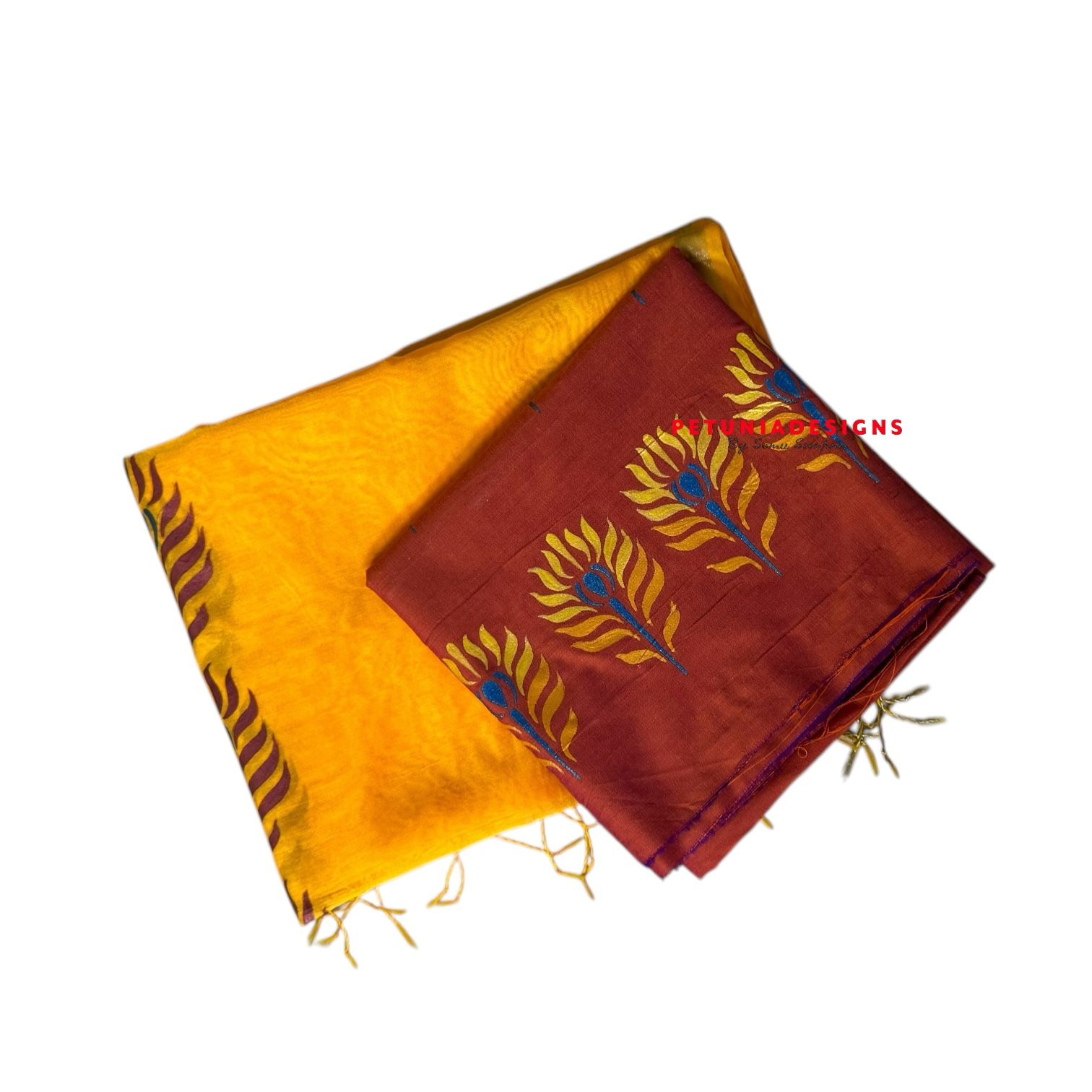 Multicolor Hand-Painted Dupatta Set Multicolored hand-painted peacock feather designs on handcrafted kurta and Chanderi dupatta