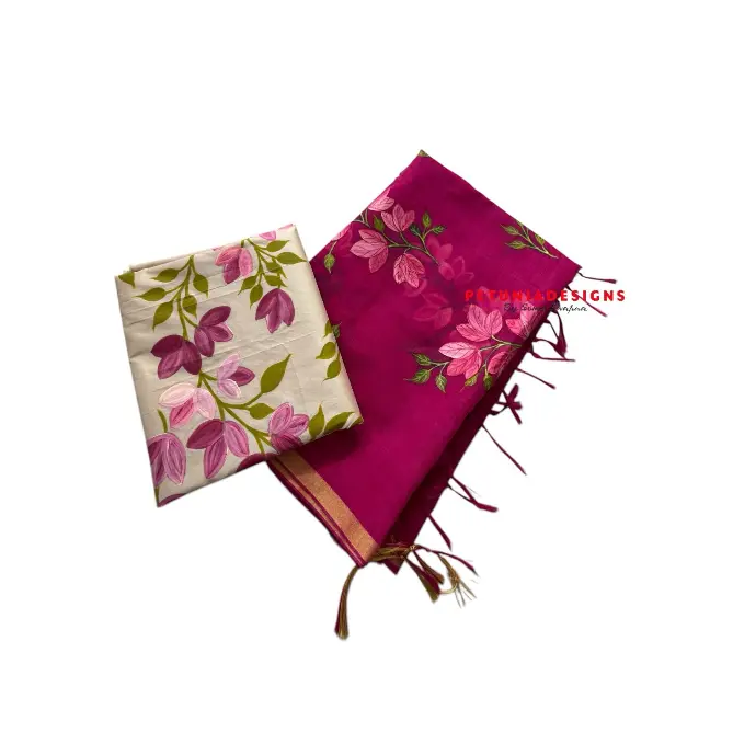 Customizable floral dress material set with gold tissue-trimmed dupatta