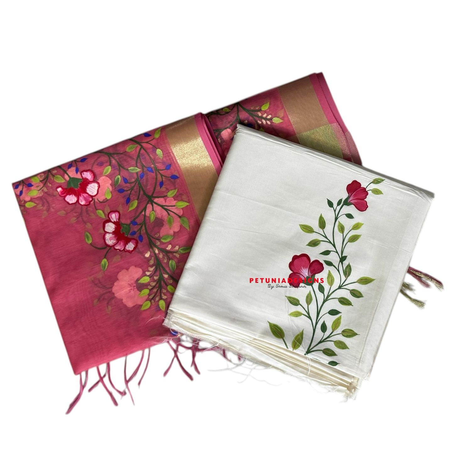Hand-Painted Design on Khadi Silk, Featuring Floral Patterns