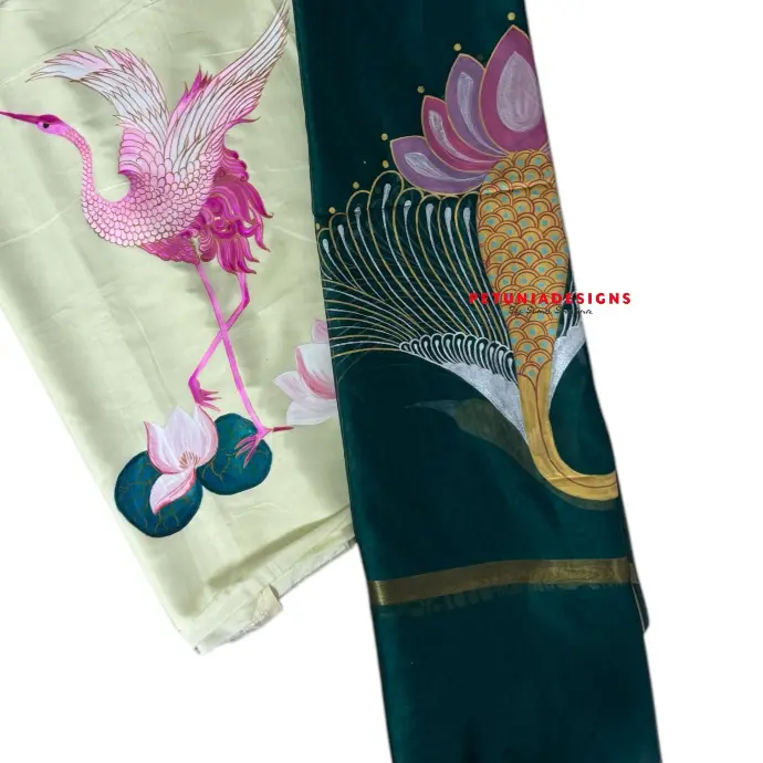 Hand-painted 2-piece set with bird, lotus, and gold tissue border