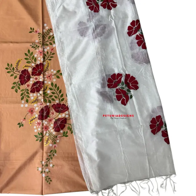 Red Floral Bunch on Kurta Top Hand-painted red floral bunch with white flowers and yellow buds on kurta top with creeper design