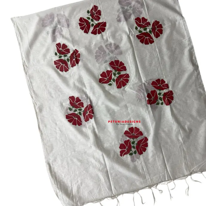 Creeper Design on Kurta Artistic creeper design with red blossoms and yellow buds hand-painted on khadi silk kurta fabric
