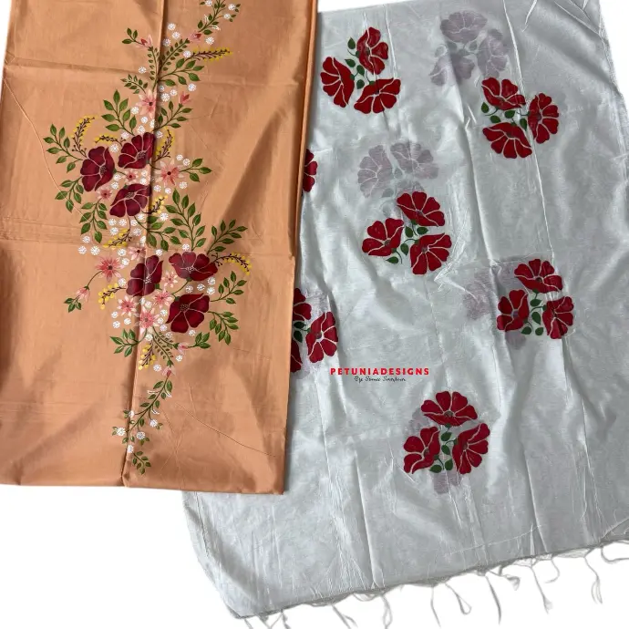 White Dupatta with Floral Motifs Contrast white dupatta with scattered red and white flower bunch motifs for ethnic elegance