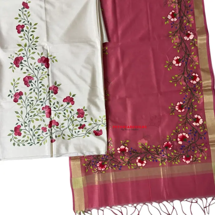 Elegant Hand-Painted Dress Set for Women Contrast dupatta with gold border and hand-painted edges.