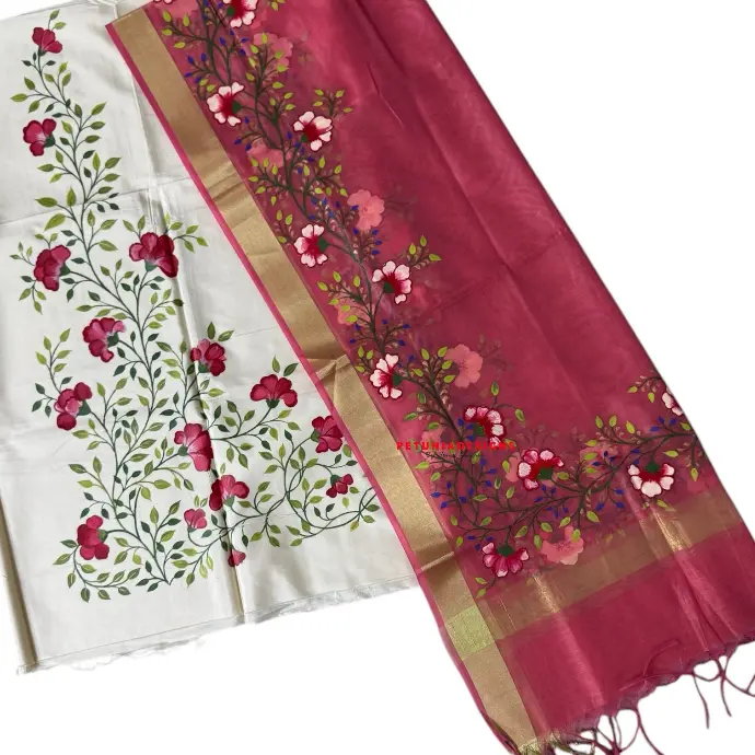 Hand-Painted Floral Kurta with Contrast Dupatta Hand-painted floral creeper on kurta fabric with elegant design.