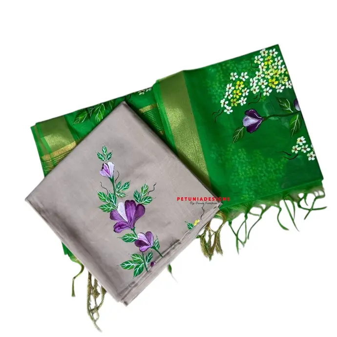 Exclusive hand-painted Khadi silk kurta with contrast dupatta, featuring delicate floral designs and tissue border.