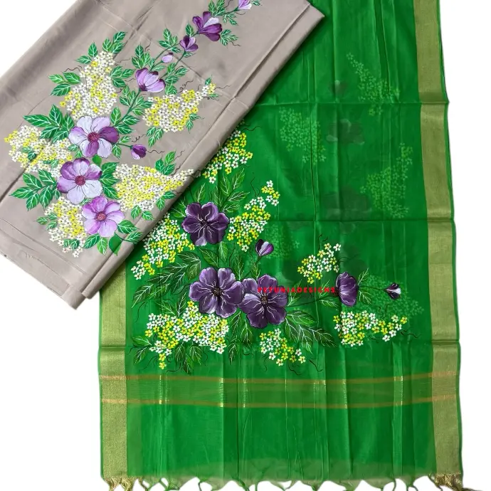 Unique hand-painted Khadi silk material featuring floral design and rich purple blooms with leafy accents.