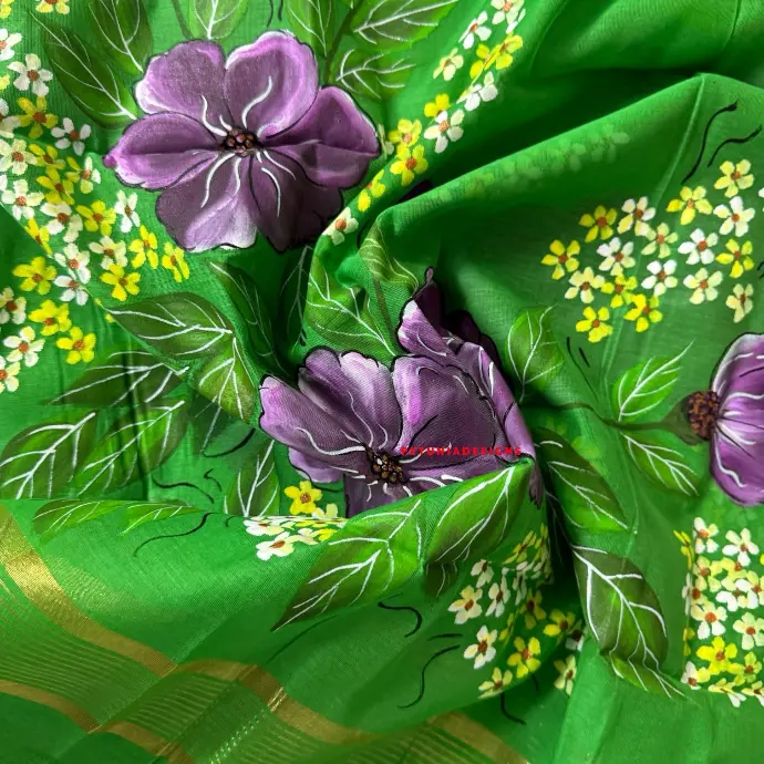 Hand-painted Khadi silk kurta with vibrant purple flowers and intricate floral bunch details for an exclusive look.