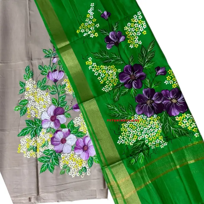 Hand-painted Khadi silk kurta with bold purple flowers, delicate floral bunches, and leafy accents.
