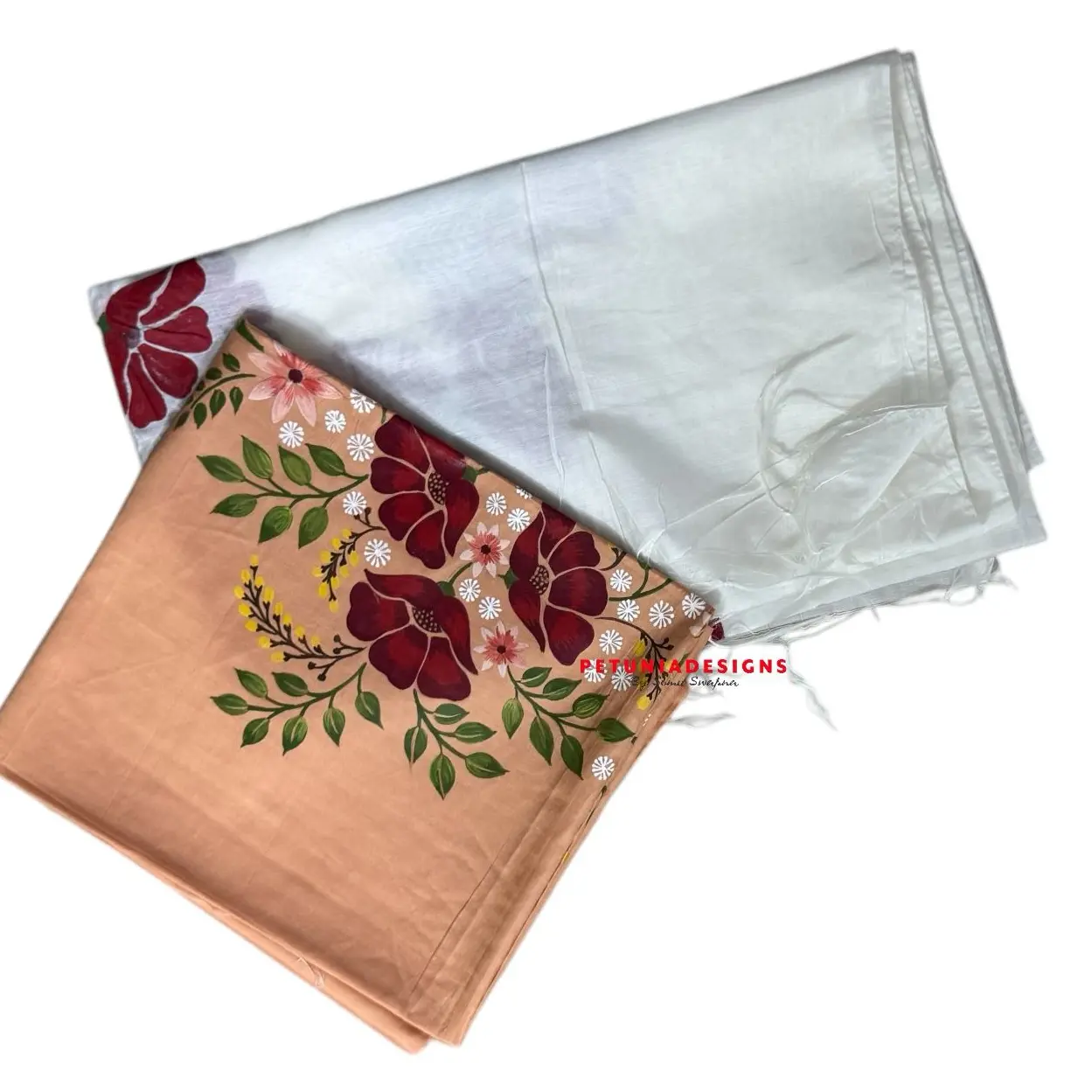 Elegant ethnic outfit with bold floral artwork and matching contrast dupatta in soft khadi silk