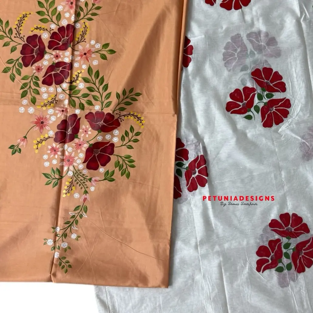 Floral Hand-Painted Kurta Set Handcrafted red and white floral theme on kurta set with nature-inspired detailing and fine painting