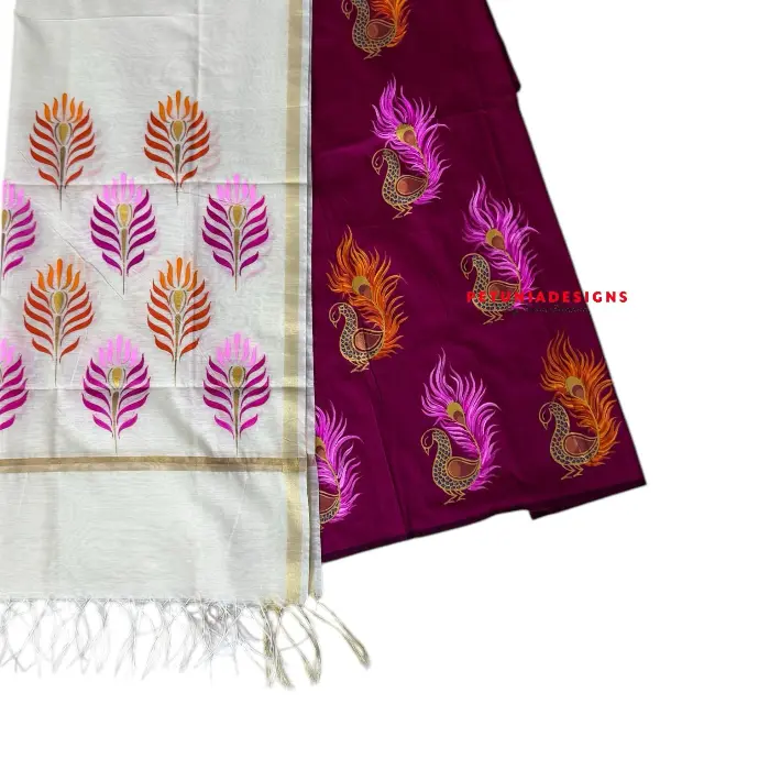 Peacock Hand-Painted Kurta Set Hand-painted peacock motif kurta with contrast multicolour dupatta, elegant ethnic wear set
