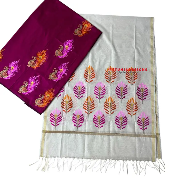 Elegant Peacock Dress Set Two-piece women’s dress set featuring hand-painted artwork and vibrant feather print dupatta