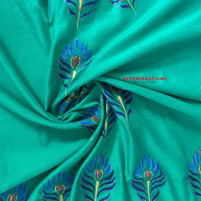 Gold Tissue Border Unisex Hand-Painted Dress Material Unisex dress material with gold tissue border and peacock design.