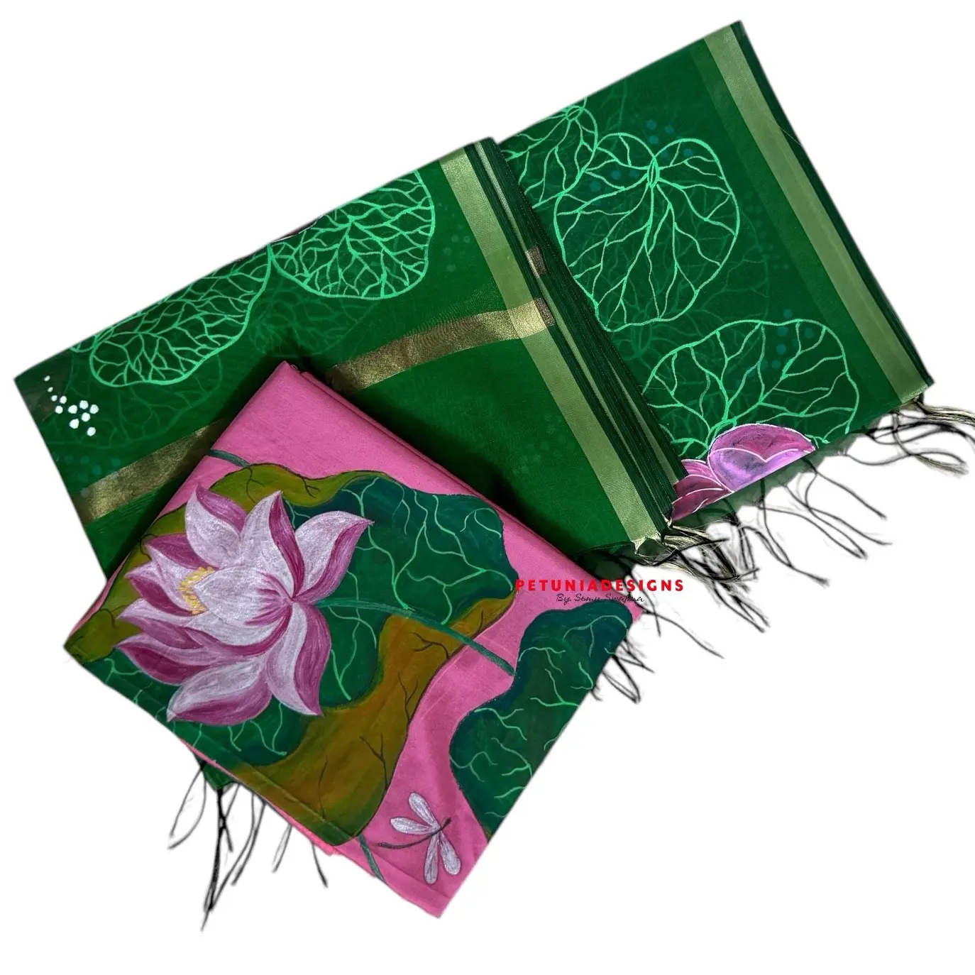 Hand-painted elegance in khadi with lotus, fish, and dragonfly on pond scene