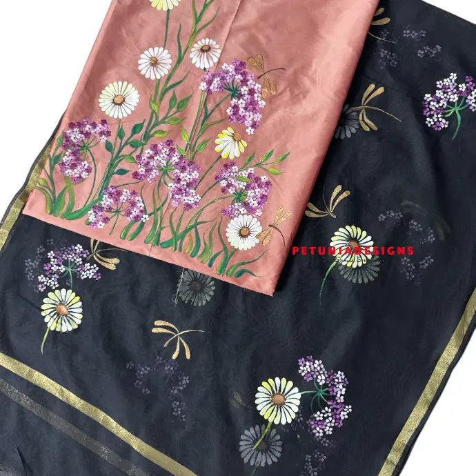 Floral Contrast Dupatta Detail Detailed floral and dragonfly painting on contrast dupatta with gold border and white motifs
