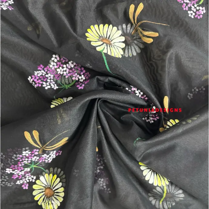 Dragonfly and Gold Border Dupatta Dupatta featuring floral bunches and dragonfly art in a soft, flowing contrast fabric