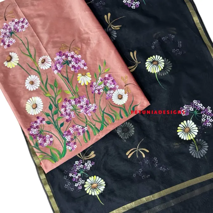 Hand-Painted Unisex Kurta Design Hand-painted kurta with purple flowers, dragonfly, and leafy details in elegant unisex design