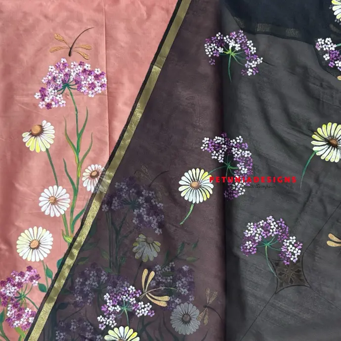 Purple Flowers Close-Up on Kurta Close-up of purple and white hand-painted flowers on kurta with natural leaf detailing