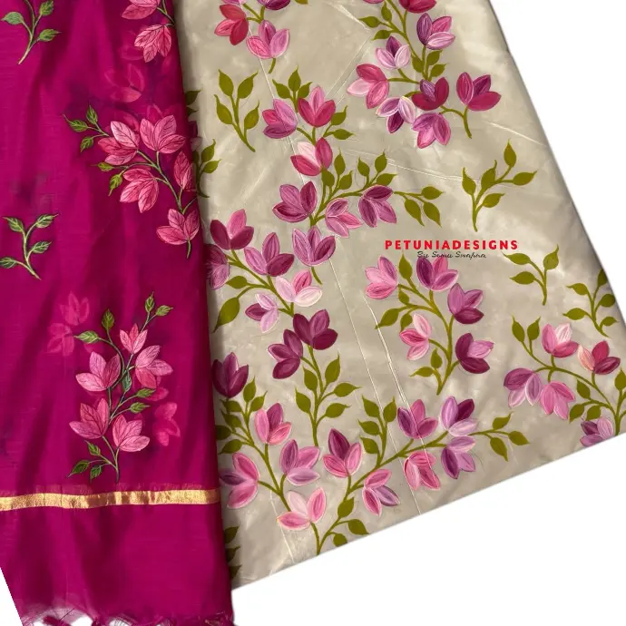 Pink, purple small flowers on kurta with contrast floral dupatta design