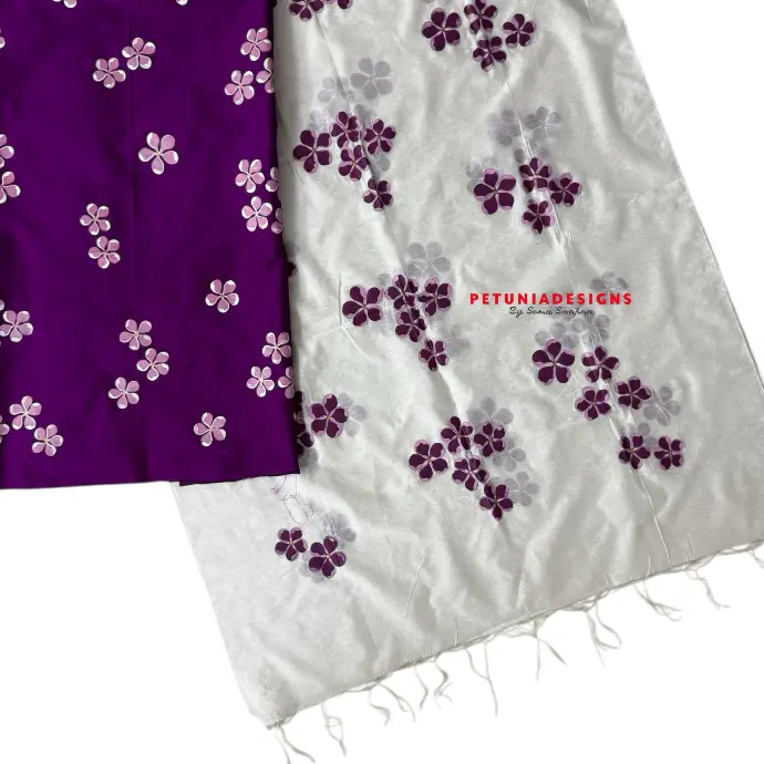 Pink Motifs on Kurta – Artistic & Elegant Elegant floral design on white dupatta with purple hand-painted motifs, matching kurta top