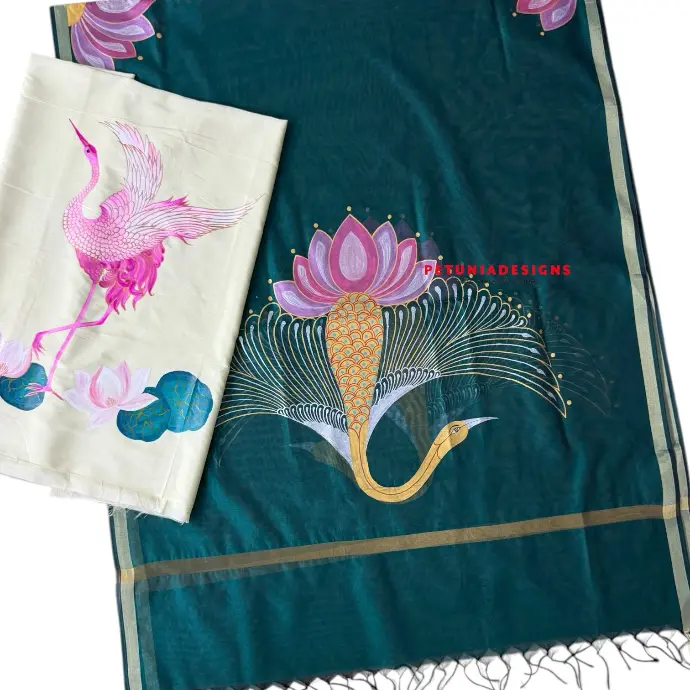 Bird & Lotus Painting Detail on Kurta Close-up view of intricate lotus and bird hand-painting on kurta