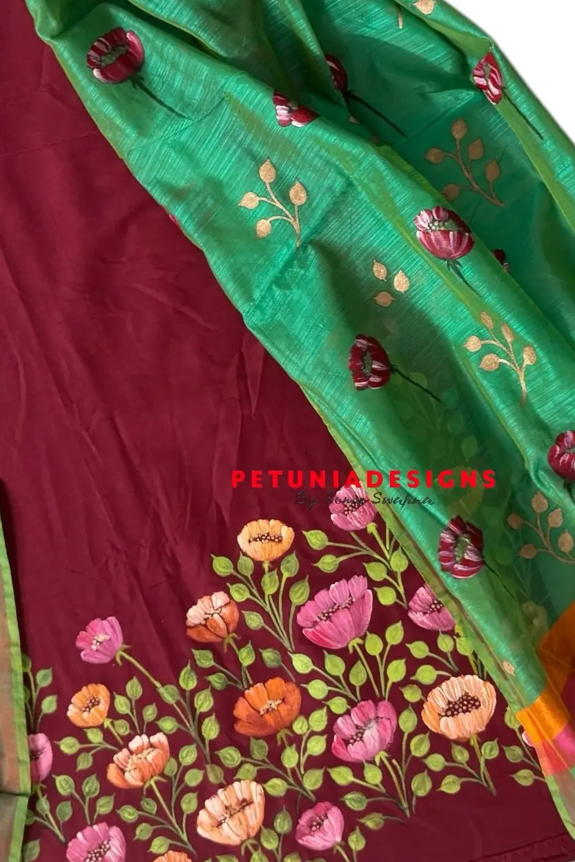 Timeless hand-painted floral kurta set Hand-painted floral kurta set with contrast dupatta featuring all-over leaves in timeless colour combination