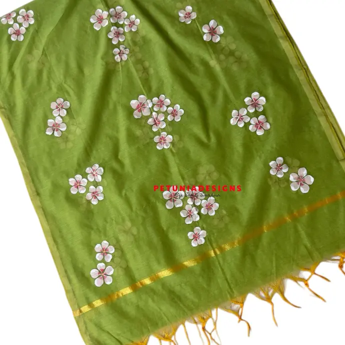 Hand-painted kurta and dupatta with tissue border. Floral motifs on matching kurta and dupatta with a thin tissue border.