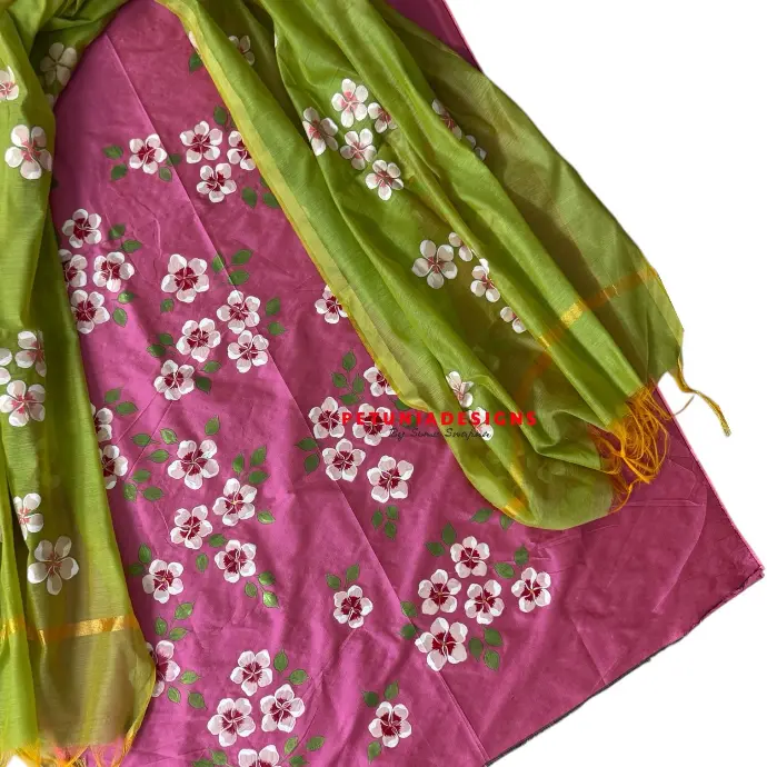 Hand-painted floral kurta and dupatta set. Hand-painted two-piece dress material with floral motifs on kurta and dupatta.