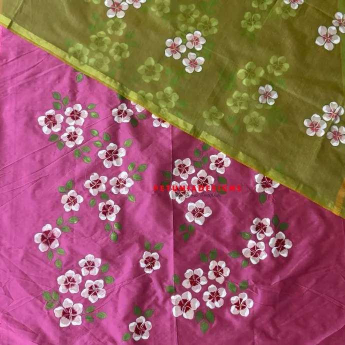 Elegant two-piece dress material with floral motifs. Elegant floral and leaf design on unisex hand-painted kurta and dupatta set.